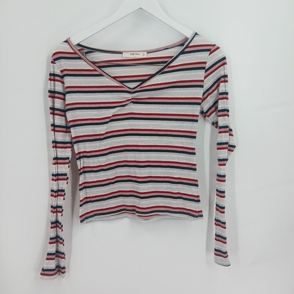 With Love Striped V-Neck Long Sleeve Ribbed Top Red Blue Knit Shirt size large